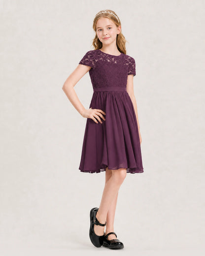 Grape Junior Bridesmaid Dress Lace Bodice Keyhole Back Chiffon Knee-Length Dress Front View