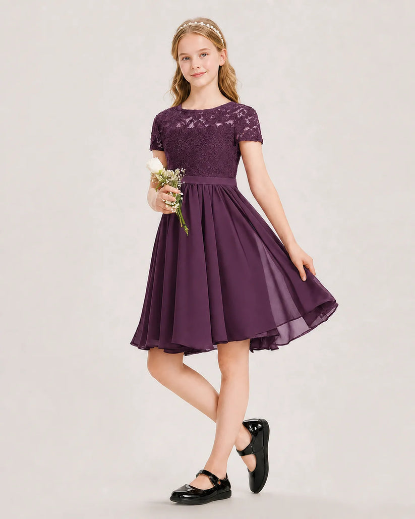 Grape Chiffon A-line Junior Bridesmaid Dress Front View