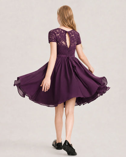 Grape Junior Bridesmaid Dress Lace Bodice Keyhole Back Chiffon Knee-Length Dress Back View