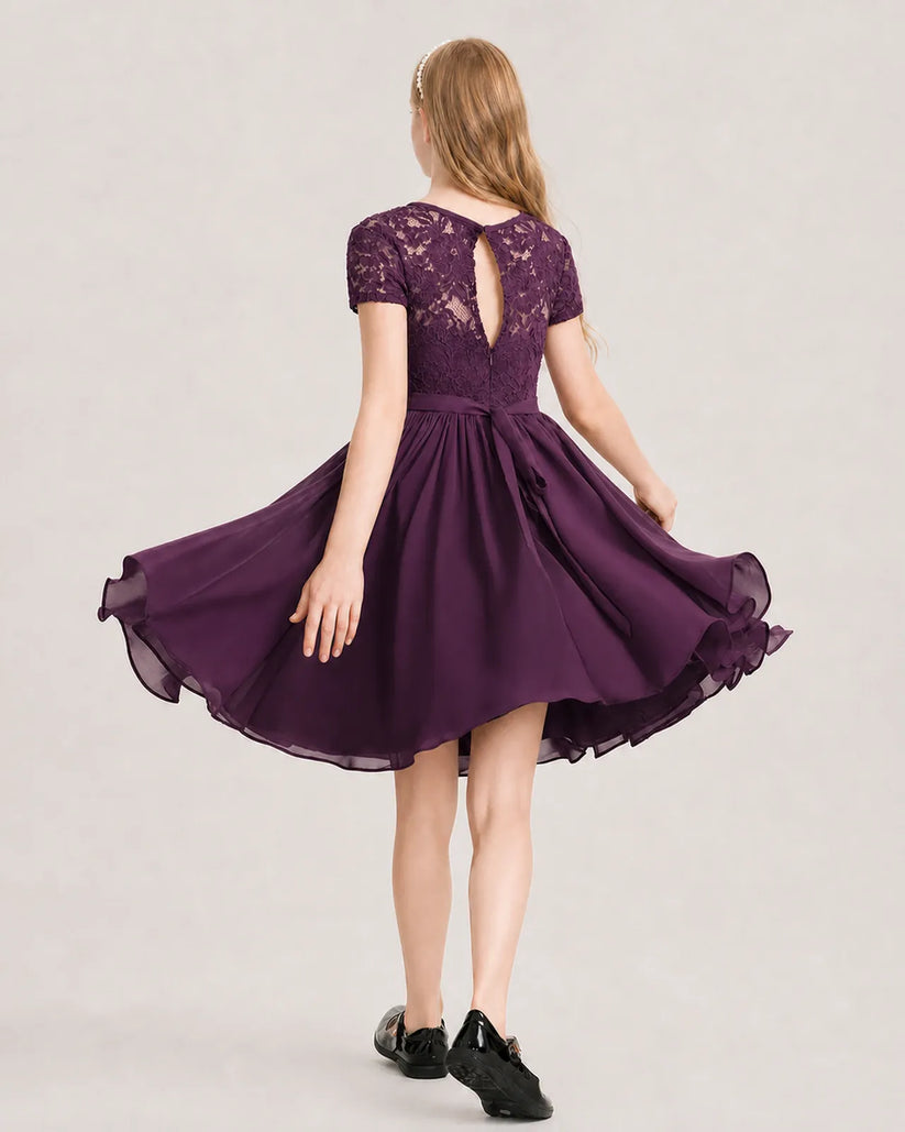Grape Chiffon A-line Junior Bridesmaid Dress Back View