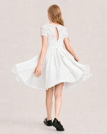 Ivory Junior Bridesmaid Dress Lace Bodice Keyhole Back Chiffon Knee-Length Dress Back View