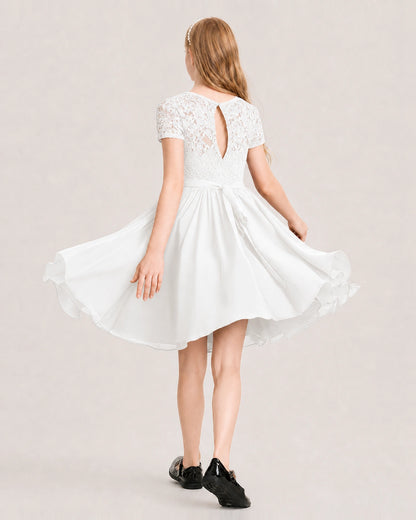 Ivory Junior Bridesmaid Dress Lace Bodice Keyhole Back Chiffon Knee-Length Dress Back View