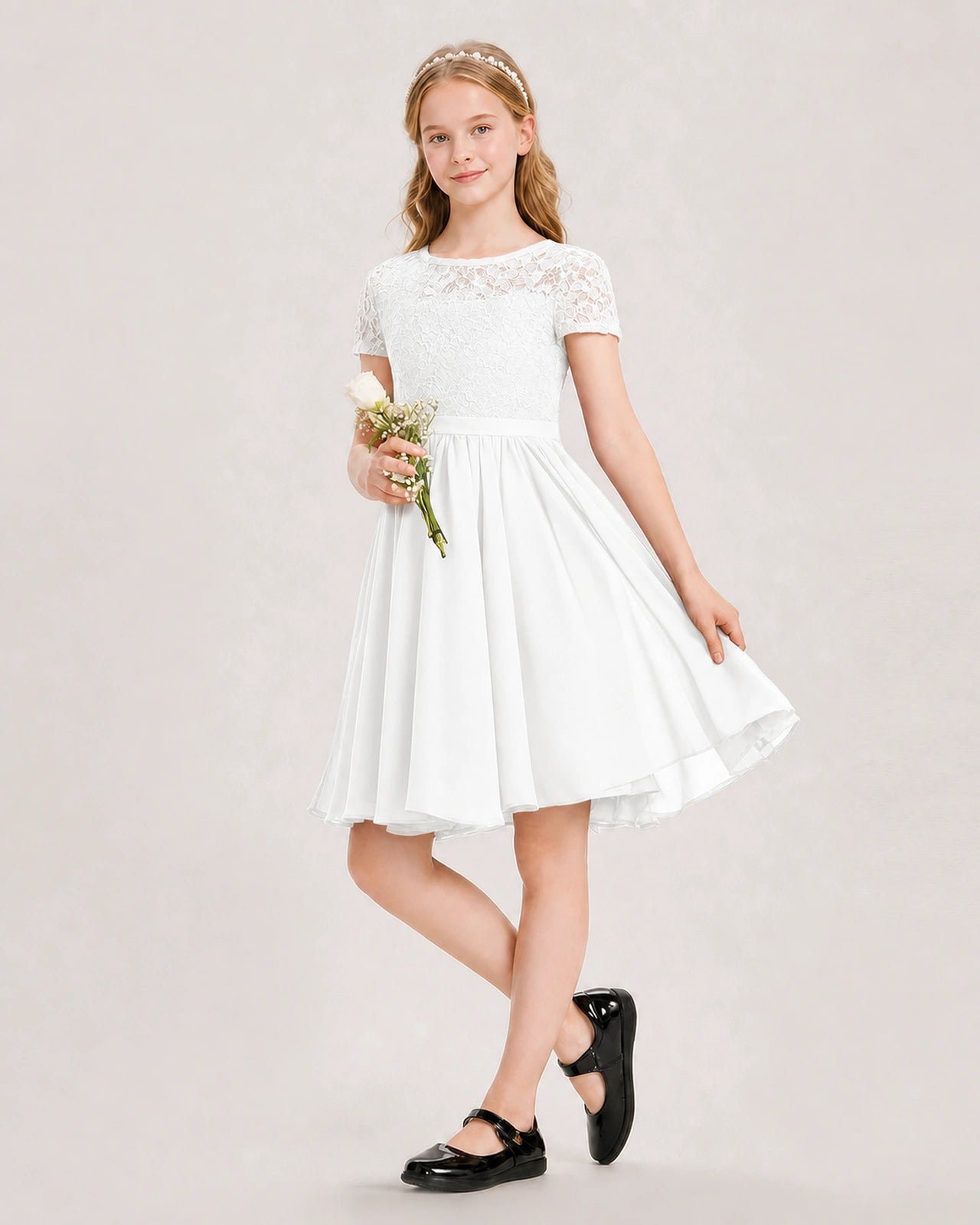 Ivory Junior Bridesmaid Dress Lace Bodice Keyhole Back Chiffon Knee-Length Dress Front View