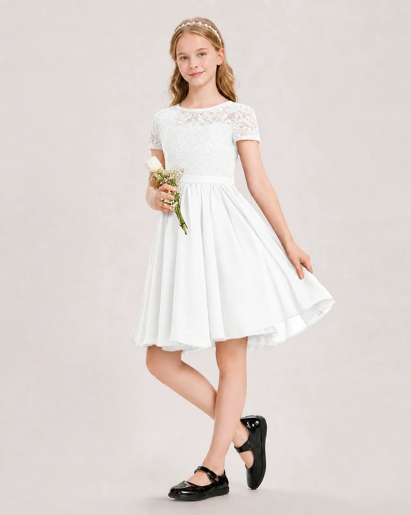 Ivory Lace A-line Junior Bridesmaid Dress Front View