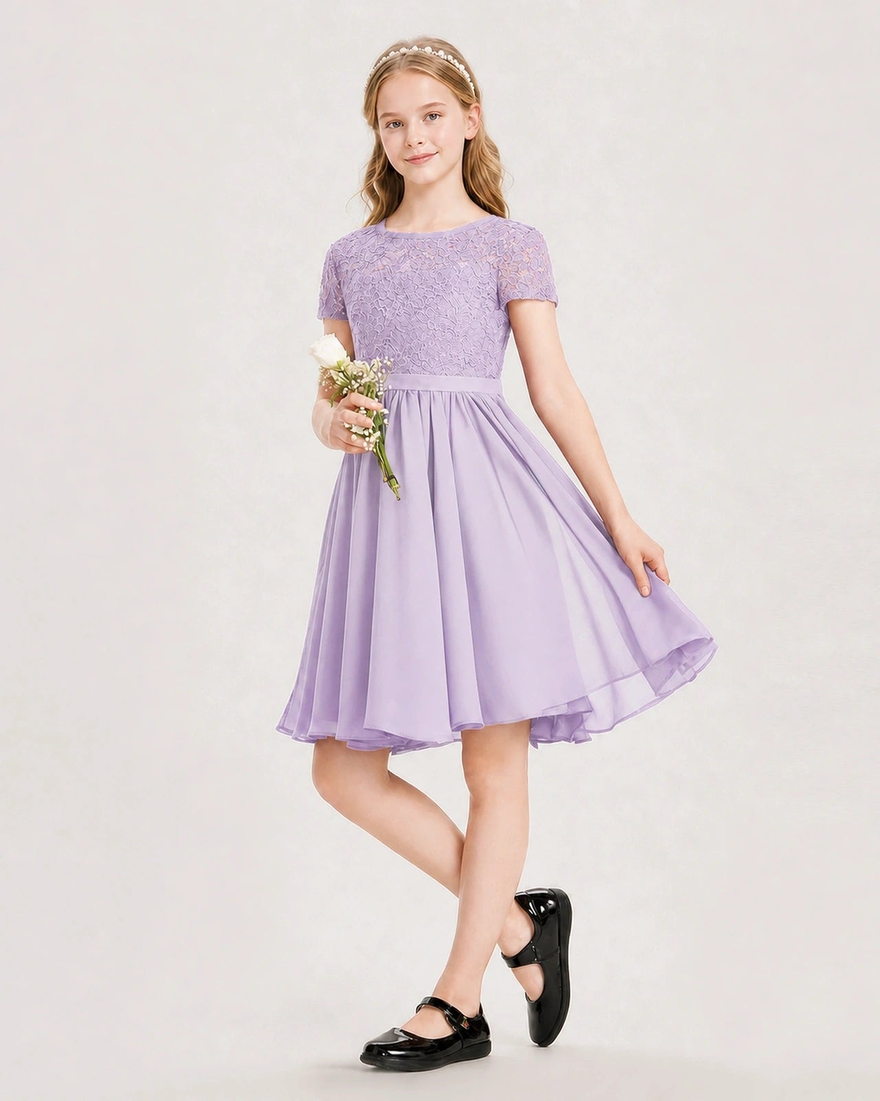 Lavender Junior Bridesmaid Dress Lace Bodice Keyhole Back Chiffon Knee-Length Dress Front View