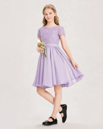Lavender Junior Bridesmaid Dress Lace Bodice Keyhole Back Chiffon Knee-Length Dress Front View