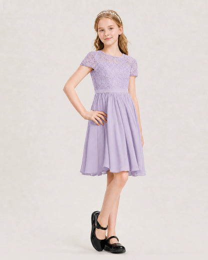 Lavender Junior Bridesmaid Dress Lace Bodice Keyhole Back Chiffon Knee-Length Dress Front View