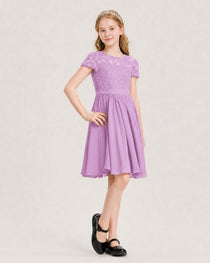Lilac Junior Bridesmaid Dress Lace Bodice Keyhole Back Chiffon Knee-Length Dress Front View
