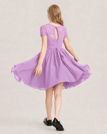 Lilac Junior Bridesmaid Dress Lace Bodice Keyhole Back Chiffon Knee-Length Dress Back View