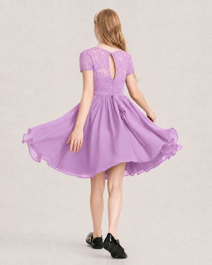 Lilac Junior Bridesmaid Dress Lace Bodice Keyhole Back Chiffon Knee-Length Dress Back View