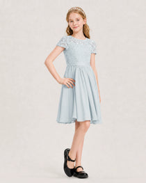 Mist Junior Bridesmaid Dress Lace Bodice Keyhole Back Chiffon Knee-Length Dress Front View