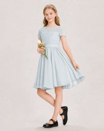Mist Junior Bridesmaid Dress Lace Bodice Keyhole Back Chiffon Knee-Length Dress Front View