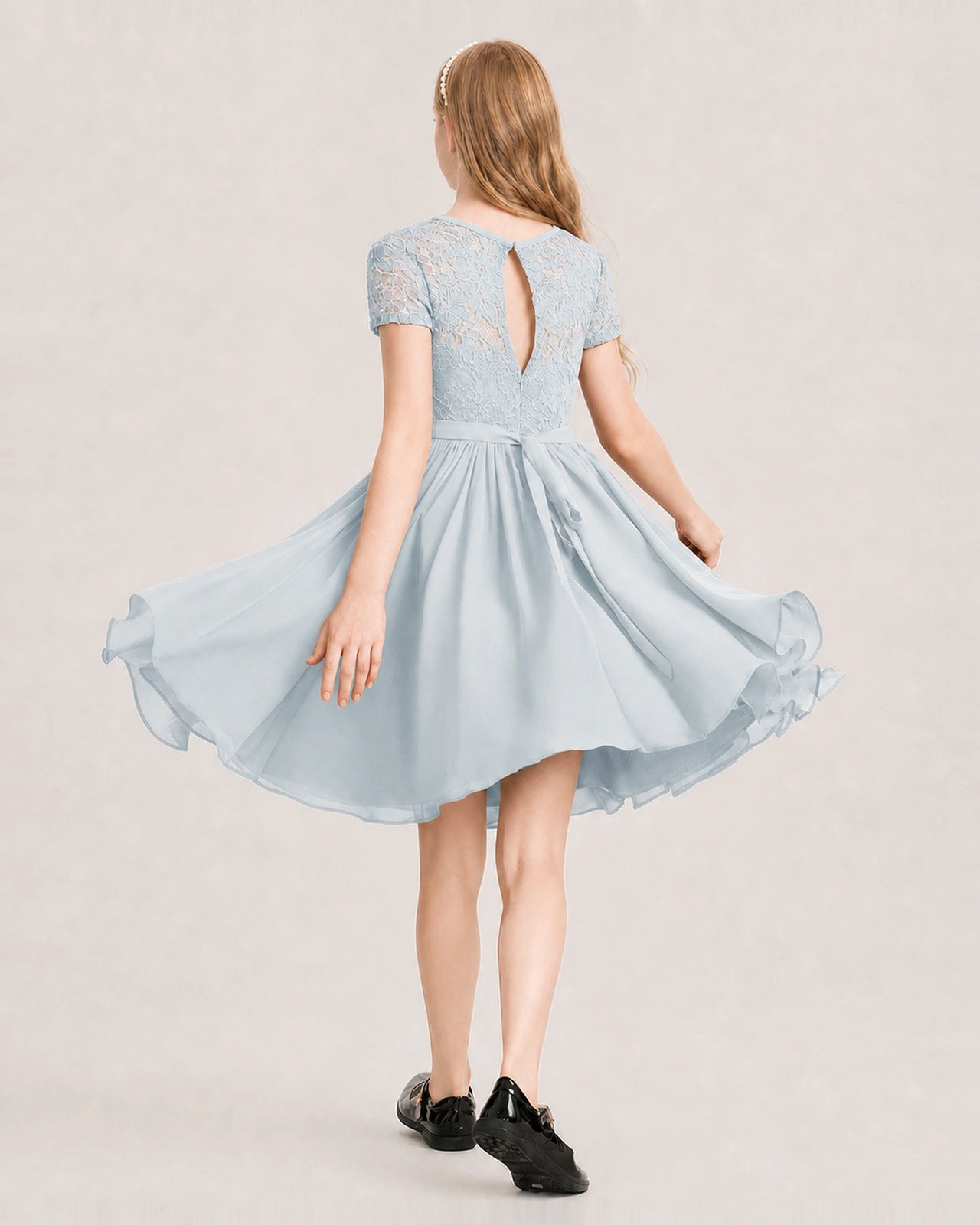 Mist Junior Bridesmaid Dress Lace Bodice Keyhole Back Chiffon Knee-Length Dress Back View