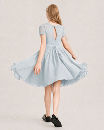 Mist Junior Bridesmaid Dress Lace Bodice Keyhole Back Chiffon Knee-Length Dress Back View