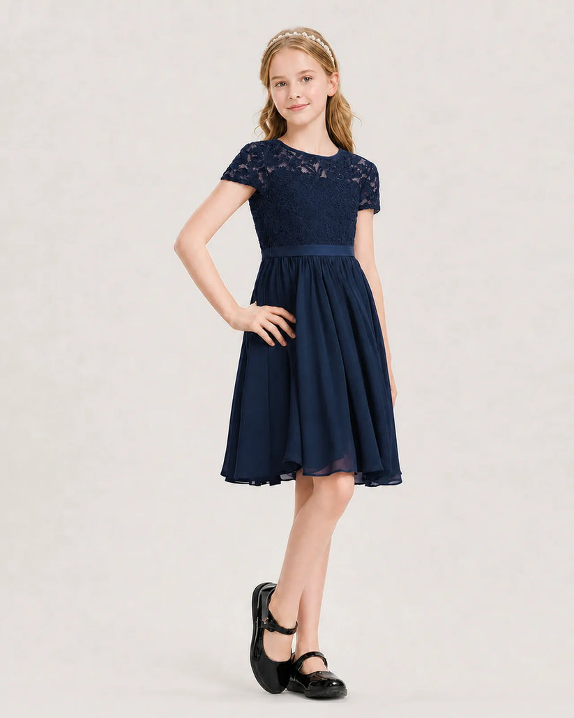 Navy Blue Chiffon A-line Junior Bridesmaid Dress Front View