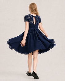 Navy Blue Junior Bridesmaid Dress Lace Bodice Keyhole Back Chiffon Knee-Length Dress Back View
