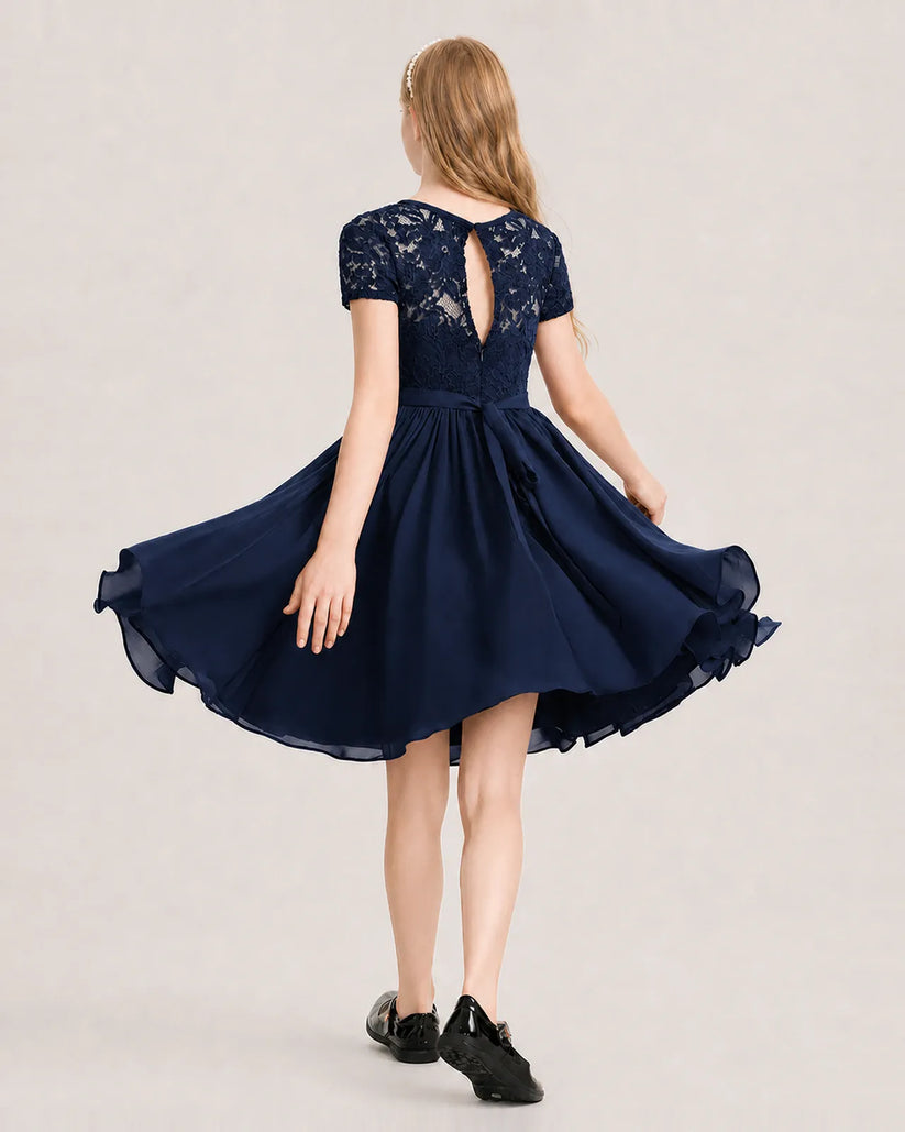 Navy Blue Chiffon A-line Junior Bridesmaid Dress Back View