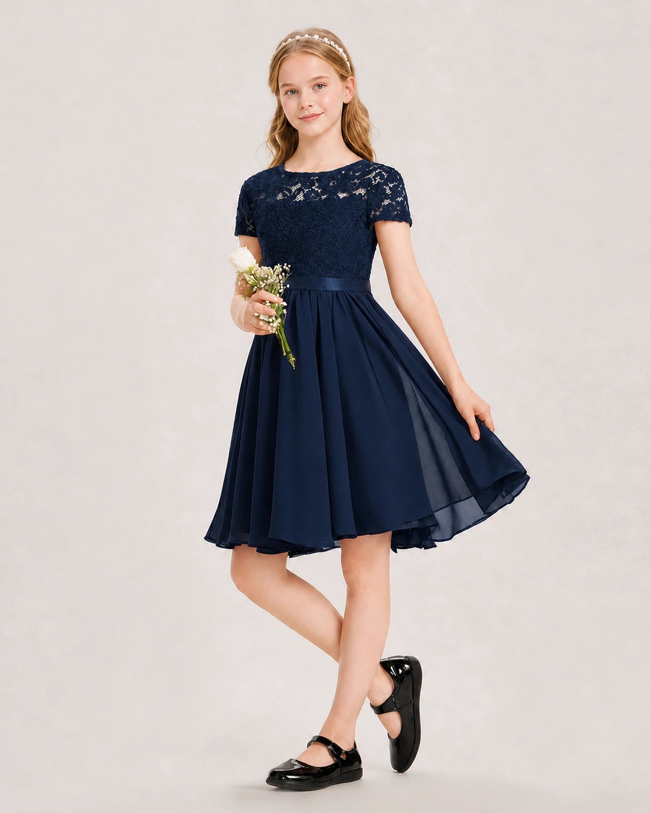 Navy Blue Junior Bridesmaid Dress Lace Bodice Keyhole Back Chiffon Knee-Length Dress Front View
