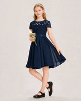 Navy Blue Chiffon A-line Junior Bridesmaid Dress Front View
