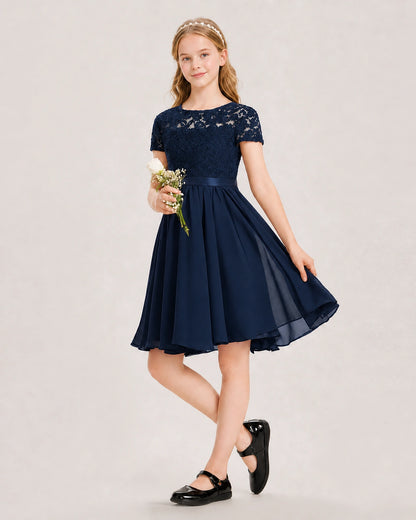 Navy Blue Junior Bridesmaid Dress Lace Bodice Keyhole Back Chiffon Knee-Length Dress Front View