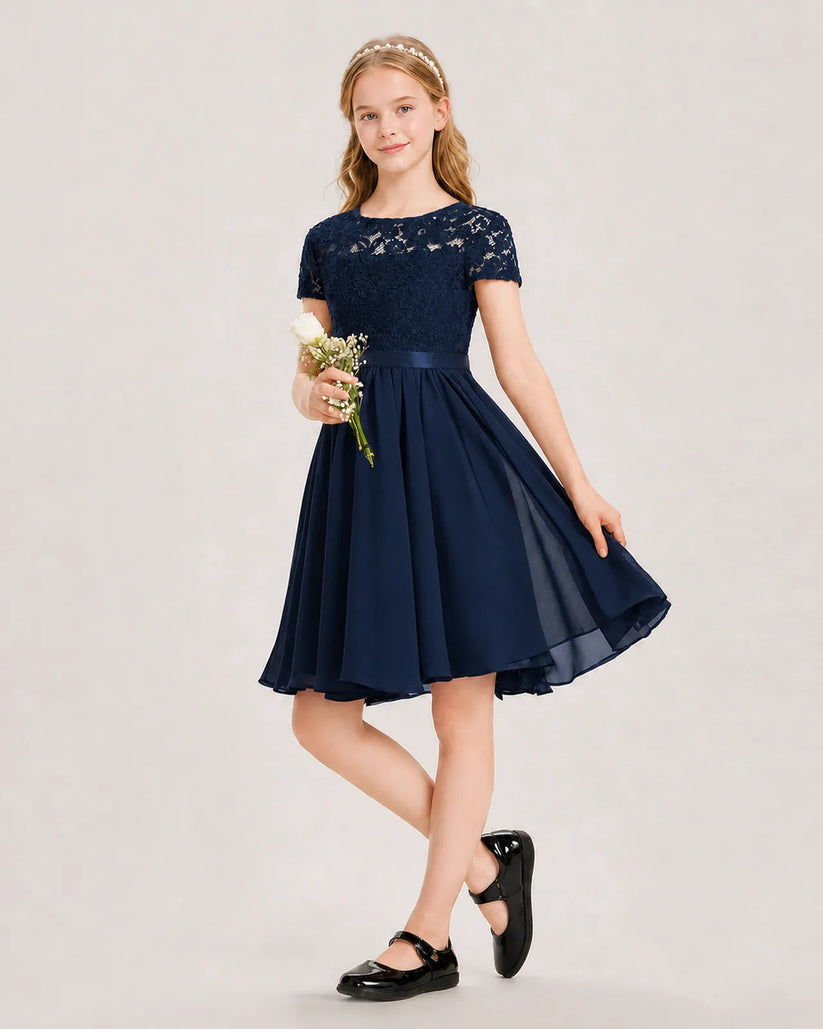 Navy Blue Chiffon A-line Junior Bridesmaid Dress Front View