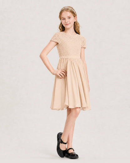 Peach Junior Bridesmaid Dress Lace Bodice Keyhole Back Chiffon Knee-Length Dress Front View