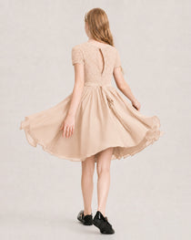Peach Junior Bridesmaid Dress Lace Bodice Keyhole Back Chiffon Knee-Length Dress Back View