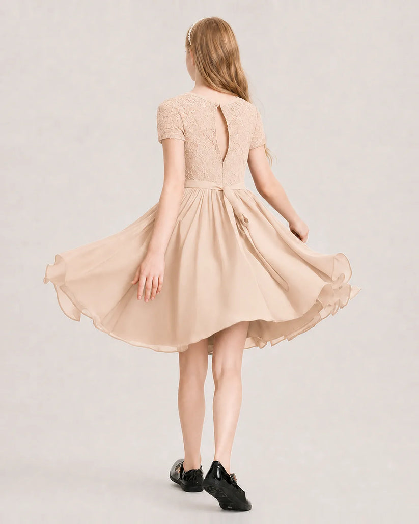 Peach Lace Chiffon A-line Junior Bridesmaid Dress Back View