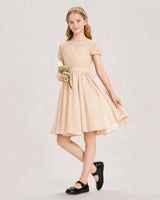Peach Lace Chiffon A-line Junior Bridesmaid Dress Front View