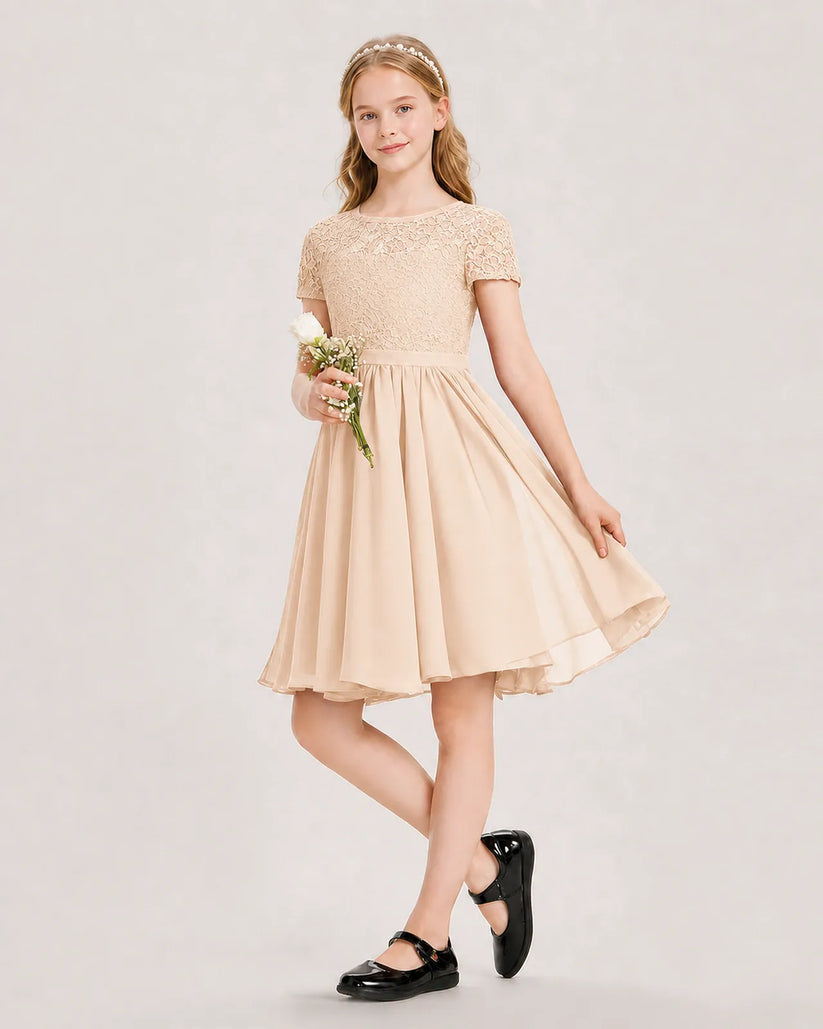 Peach Lace Chiffon A-line Junior Bridesmaid Dress Front View