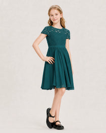 Peacock Junior Bridesmaid Dress Lace Bodice Keyhole Back Chiffon Knee-Length Dress Front View