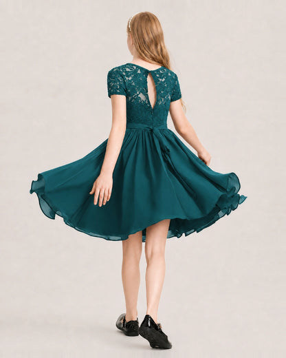 Peacock Junior Bridesmaid Dress Lace Bodice Keyhole Back Chiffon Knee-Length Dress Back View
