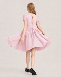 Pink Junior Bridesmaid Dress Lace Bodice Keyhole Back Chiffon Knee-Length Dress Back View
