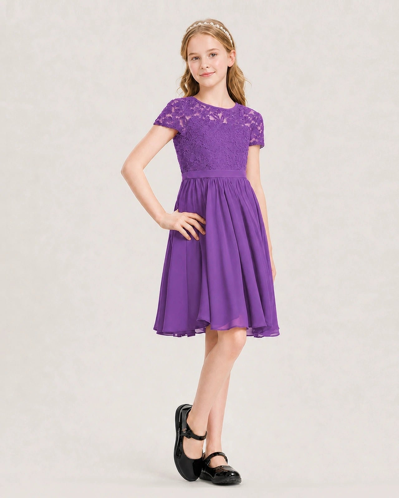 Purple Junior Bridesmaid Dress Lace Bodice Keyhole Back Chiffon Knee-Length Dress Front View
