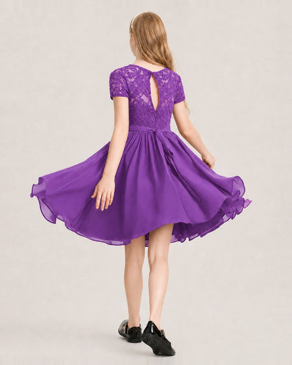 Purple Junior Bridesmaid Dress Lace Bodice Keyhole Back Chiffon Knee-Length Dress Back View