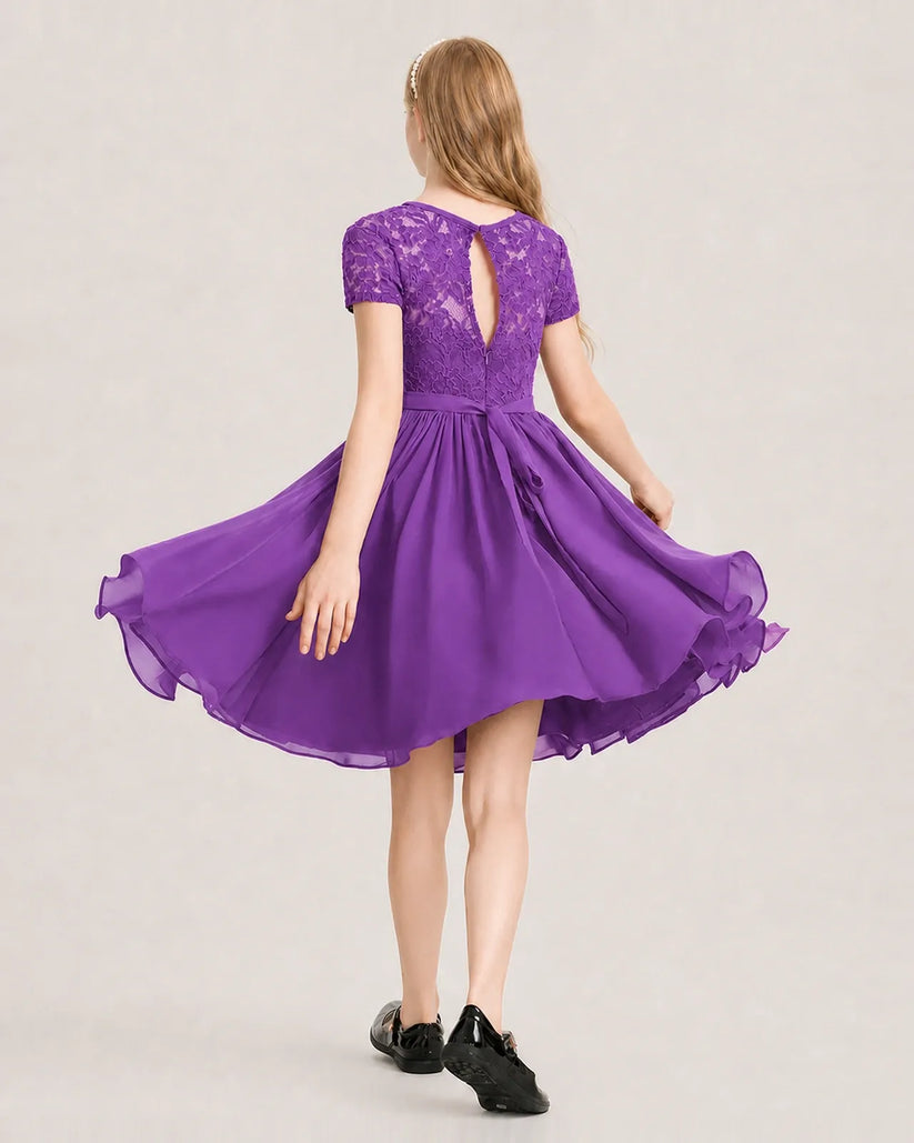 Purple Chiffon A-line Junior Bridesmaid Dress Back View