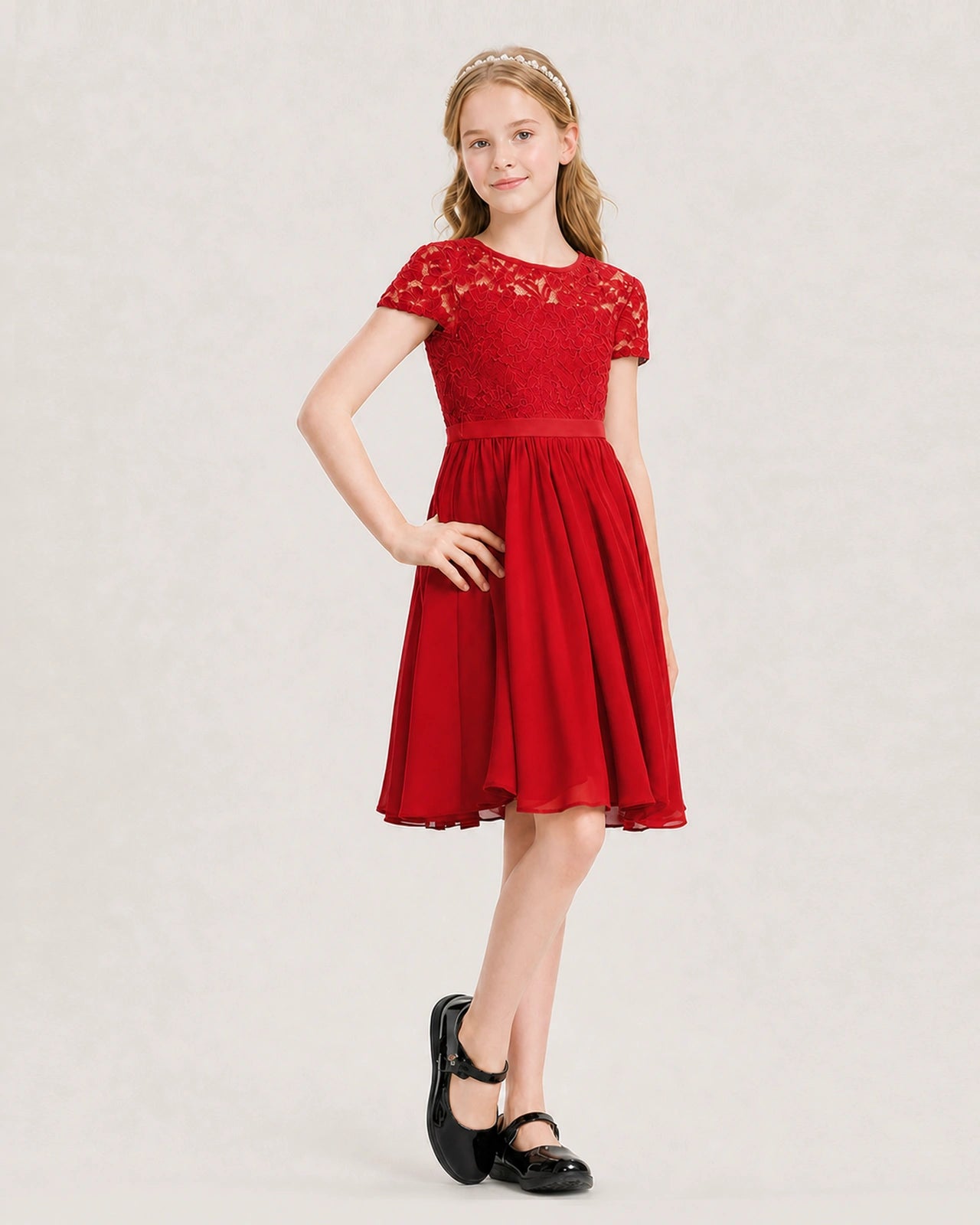 Red Junior Bridesmaid Dress Lace Bodice Keyhole Back Chiffon Knee-Length Dress Front View