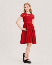 Red Junior Bridesmaid Dress Lace Bodice Keyhole Back Chiffon Knee-Length Dress Front View