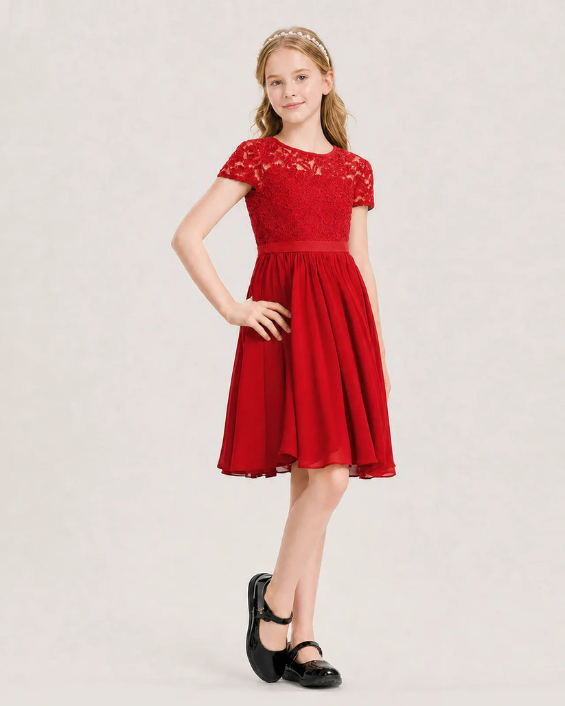 Red Chiffon A-line Junior Bridesmaid Dress Front View