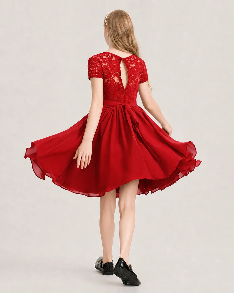 Red Chiffon A-line Junior Bridesmaid Dress Back View