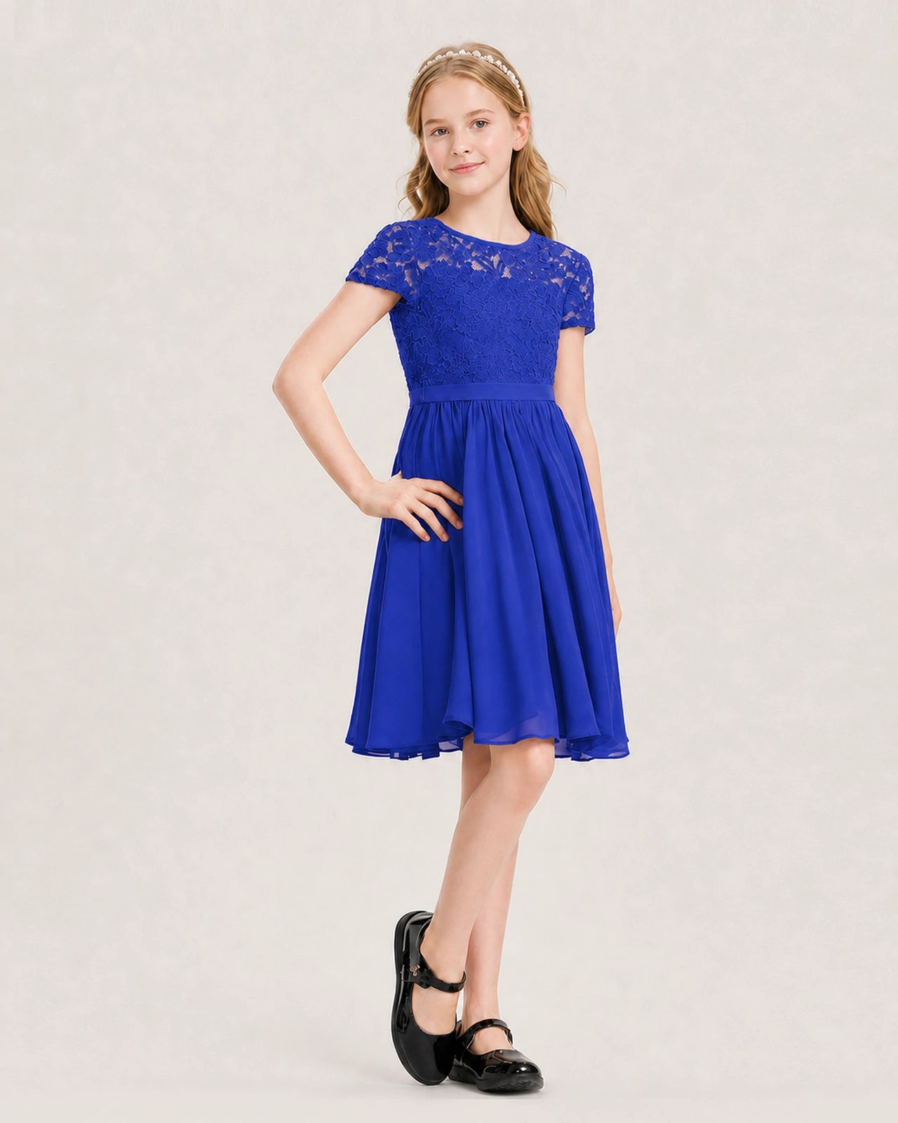 Royal Blue Junior Bridesmaid Dress Lace Bodice Keyhole Back Chiffon Knee-Length Dress Front View