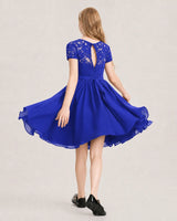Royal Blue Lace Chiffon A-line Junior Bridesmaid Dress Back View