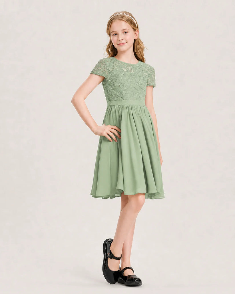 Sage Green Lace A-line Junior Bridesmaid Dress Front View