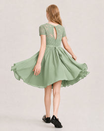 Sage Green Junior Bridesmaid Dress Lace Bodice Keyhole Back Chiffon Knee-Length Dress Back View