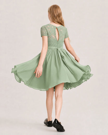 Sage Green Junior Bridesmaid Dress Lace Bodice Keyhole Back Chiffon Knee-Length Dress Back View