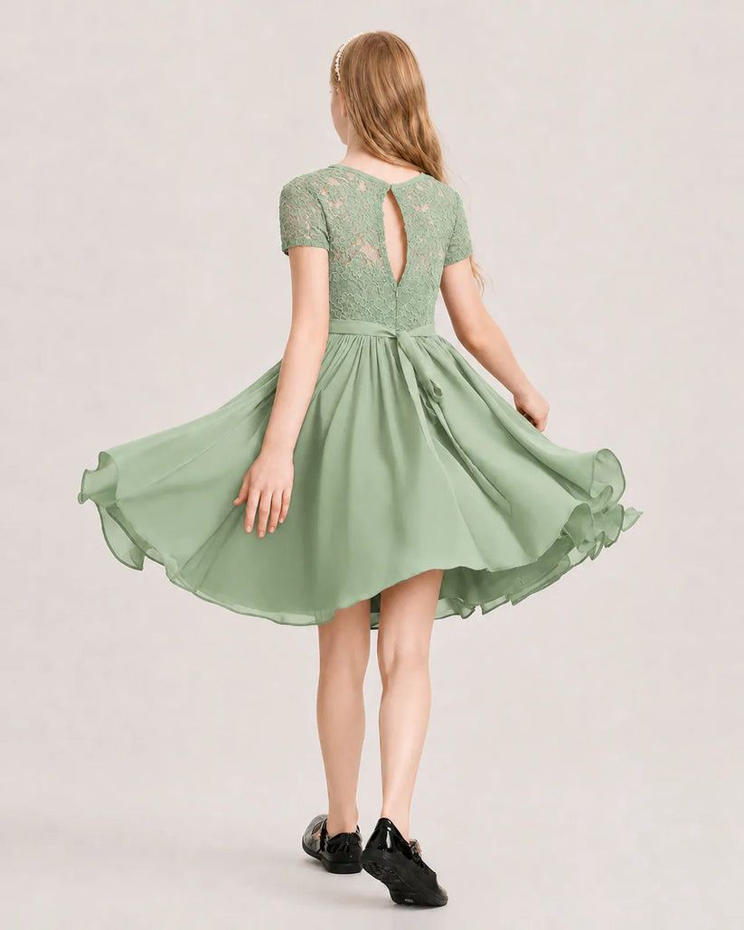 Sage Green Chiffon A-line Junior Bridesmaid Dress Back View