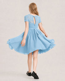 Sky Blue Junior Bridesmaid Dress Lace Bodice Keyhole Back Chiffon Knee-Length Dress Back View