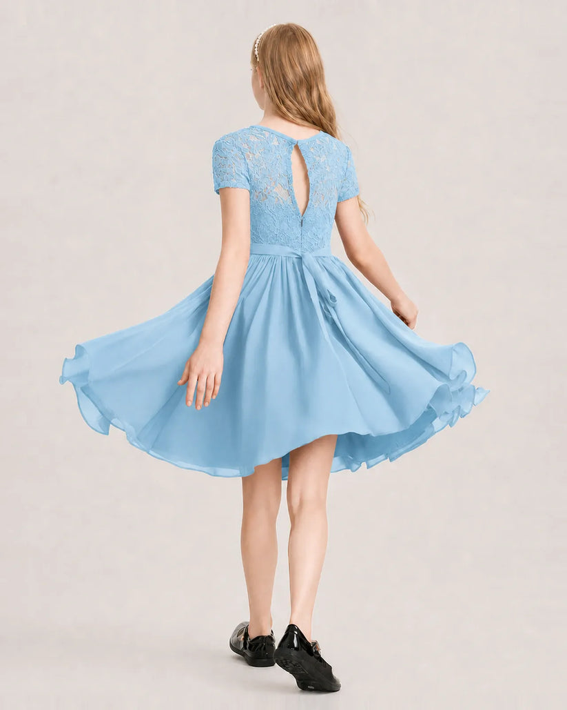 Sky Blue Chiffon A-line Junior Bridesmaid Dress Back View