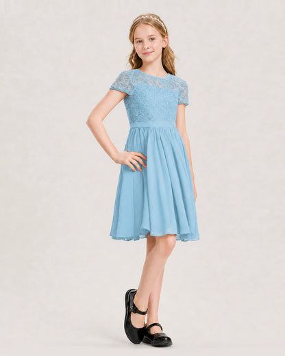 Sky Blue Junior Bridesmaid Dress Lace Bodice Keyhole Back Chiffon Knee-Length Dress Front View