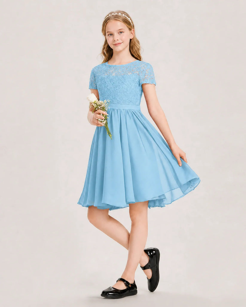 Sky Blue Lace A-line Junior Bridesmaid Dress Front View